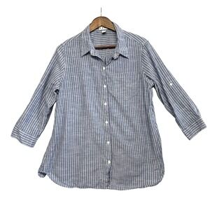 Dash Womens Size L Striped Button Down Shirt Roll Tab Lagenlook Minimalist Blue